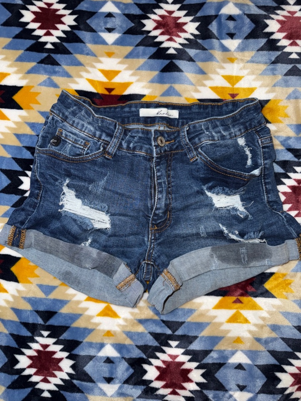 KanCan Dark Blue Distressed Rolled Hem Denim Shorts